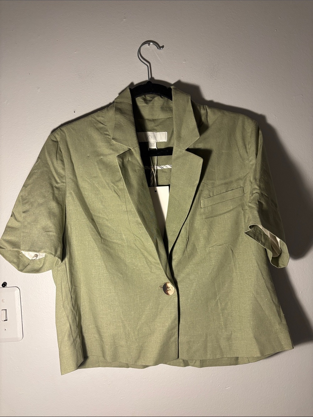 ZARA Olive Green Linen Viscose Short Sleeve Blazer Jacket NWT